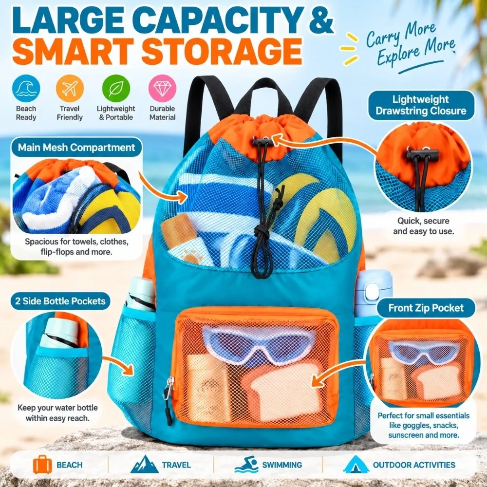 Breathable Mesh Kids Swim Backpack Quick Dry Front Zip Pocket Mesh Beach Pack Large Capacity Drawstring Closure