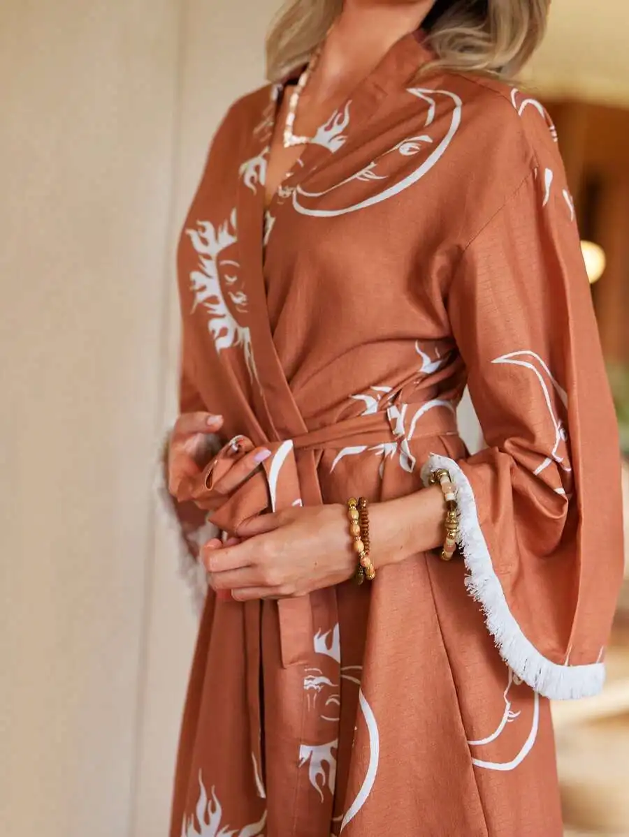 Womens Elegant Long Sleeve Wrap Robe With Sun Moon Print For Autumn Winter