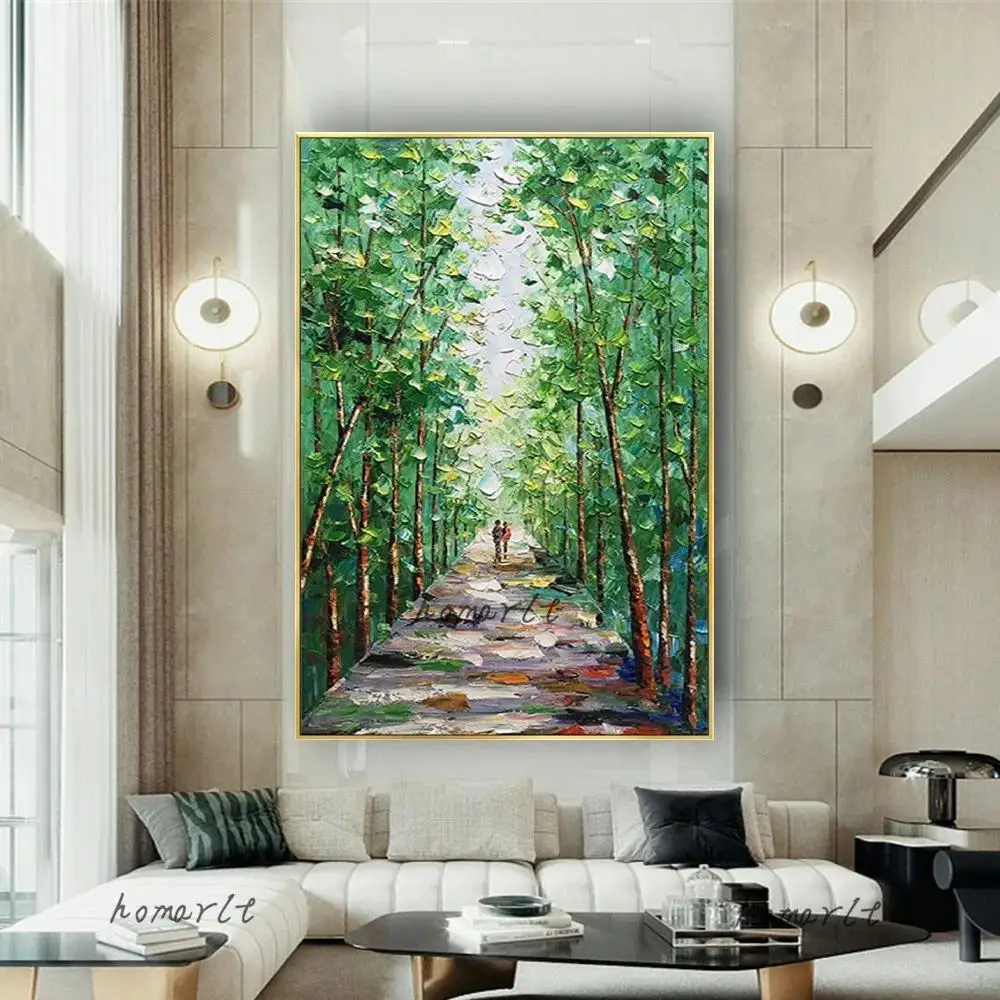 HandPainted Oil Painting on Canvas  Modern Abstract Trees with Green Leaves Landscape Wall Art for Home Decor