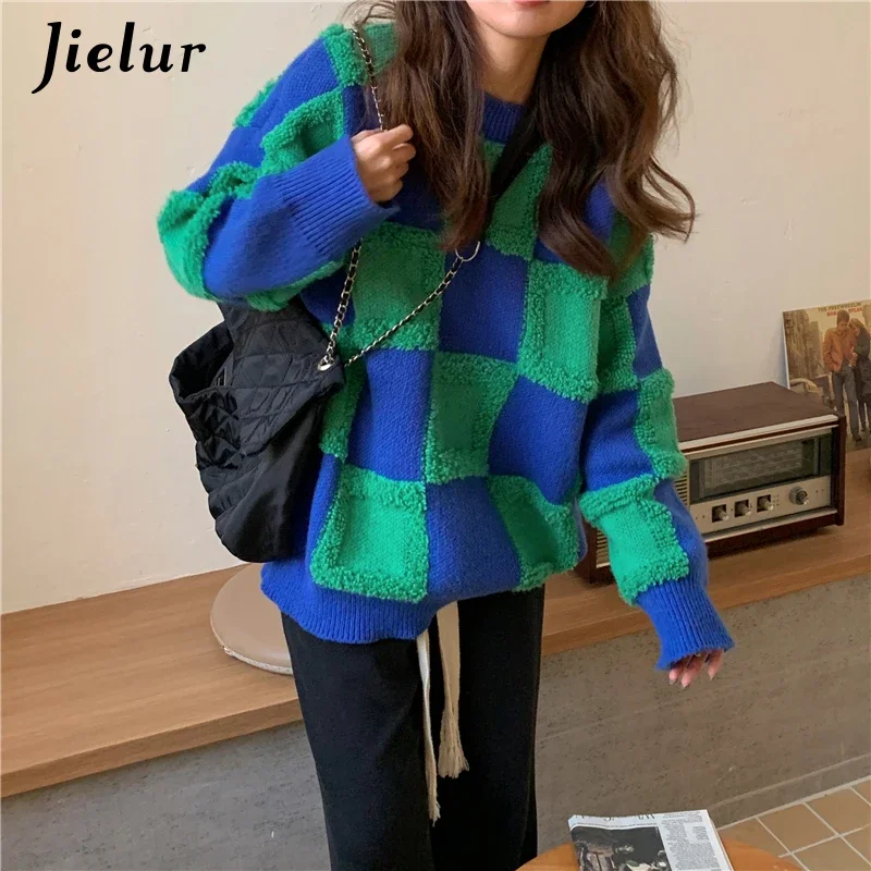 Jielur Yellow Plaid Pullovers Women Loose Winter New Green Retro Long-sleeved Female Tops Harajuku Black Knitted Sweaters Jumper