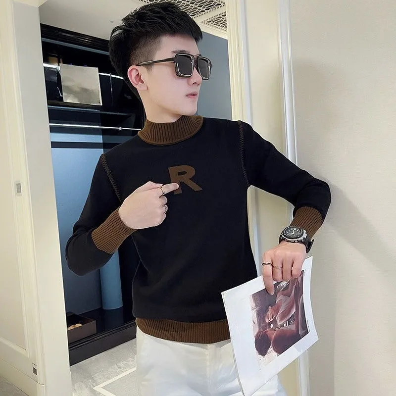 

Пуловер с цветными блоками, мужской свободный крой, оригинальный корейский модный топ, тканые джемперы, трикотаж Y2k, вязаные свитера без капюшона для мужчин