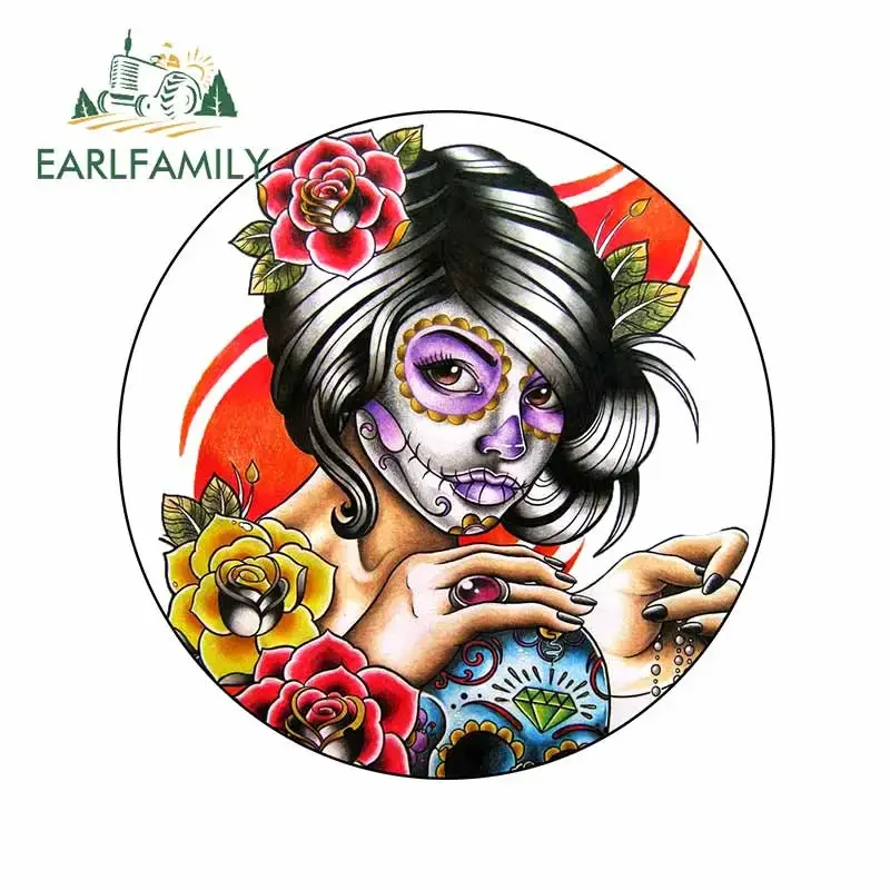 

EARLFAMILY 13cm x 12.7cm Skull Woman with Flowers Car Stickers Fashion Printing Graphics VAN Decal Funny Occlusion Scratch Decor