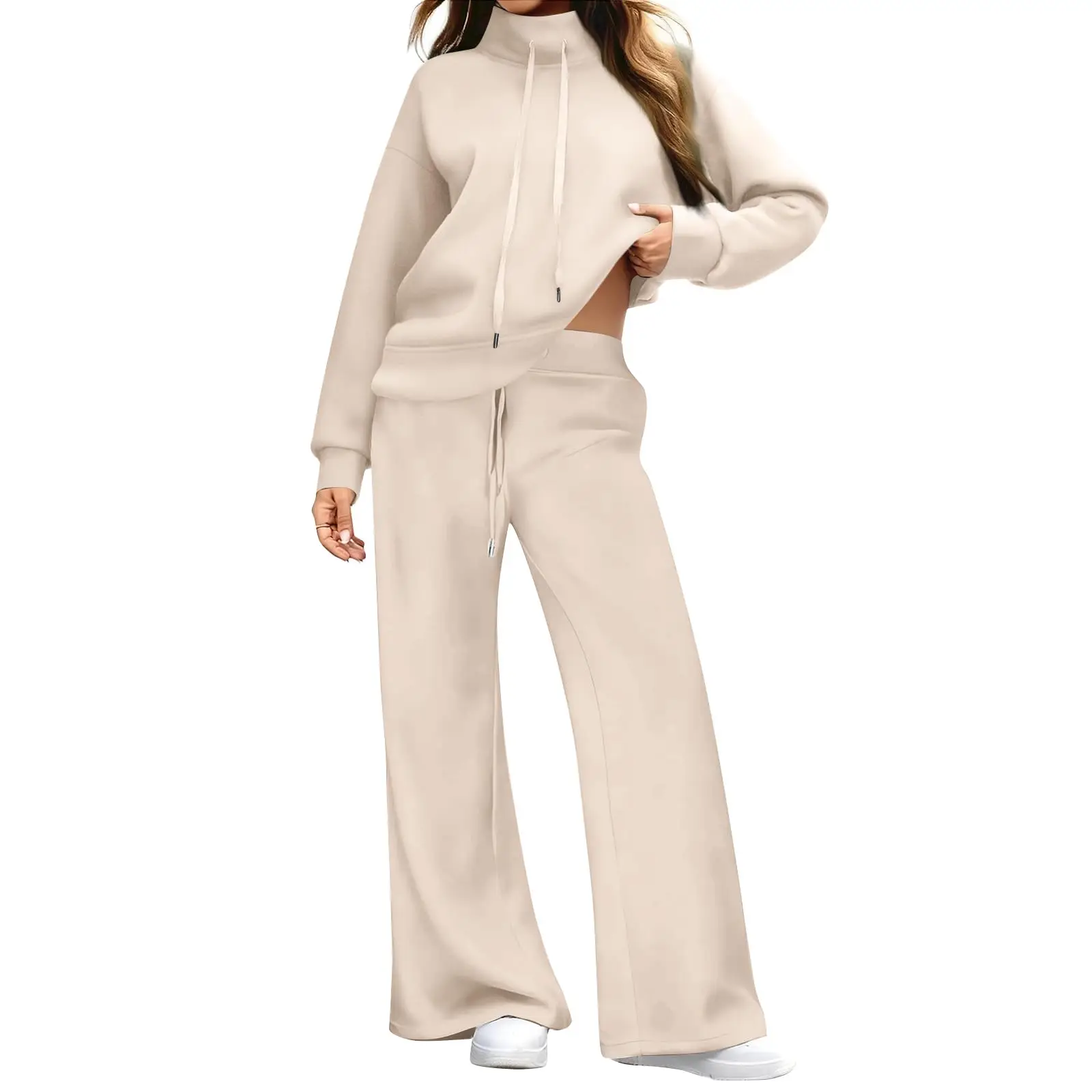 

Amazon New Women's Suit Polo/Turtle Neck Drawstring Polo Shirt Wide Leg Sweatpants Casual Suit Women's Fashionable Dress Set