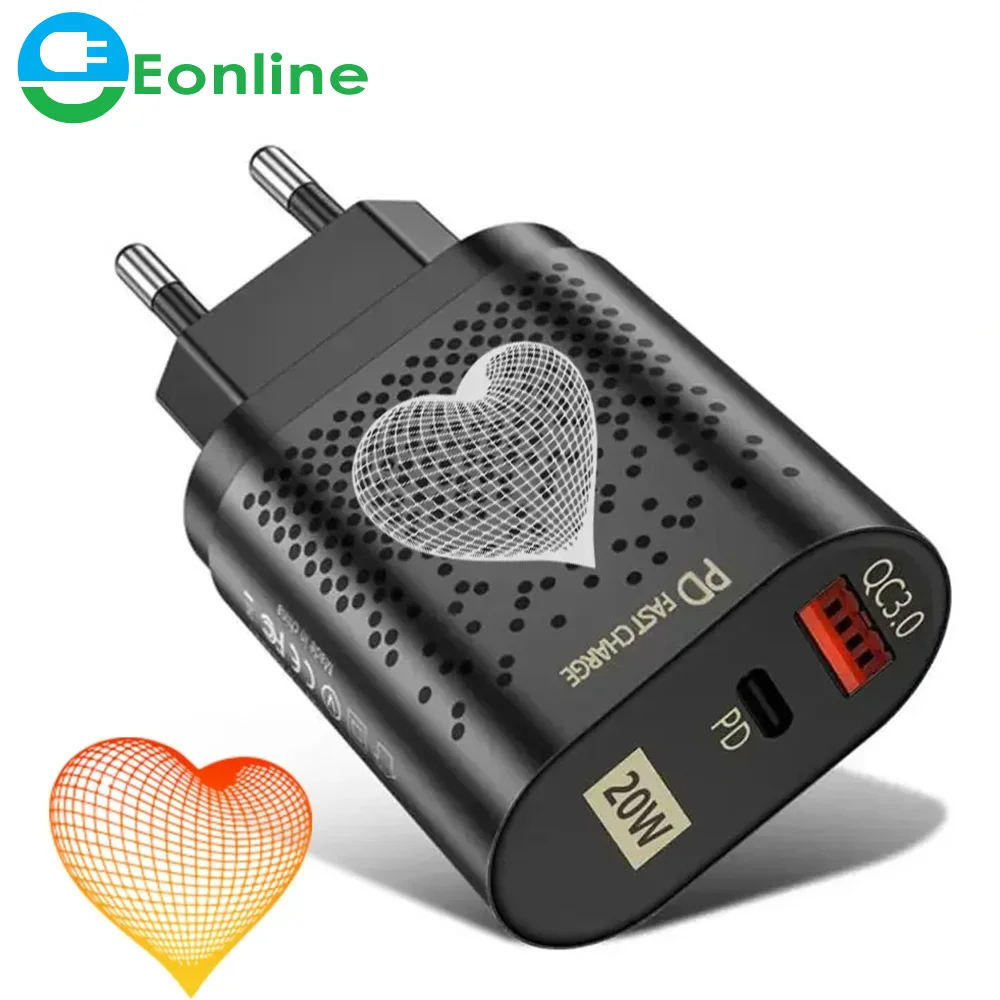 

EONLINE 2D EU Plug USB PD 20W Fast 3.0 Mobile Phone Wall Charger For iPhone 12Pro Max 11 Samsung Xiaomi
