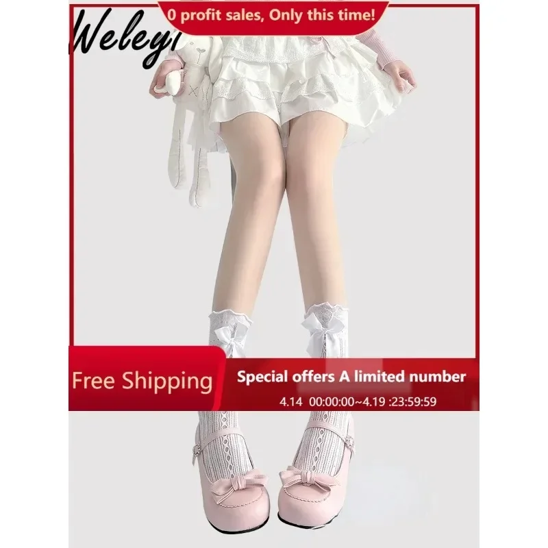 Y2k Fashion All Match Lolita Socks Woman 2024 Summer New Thin Cute Japanese Style Ballet Style White Lace Mid Calf Bow Stockings
