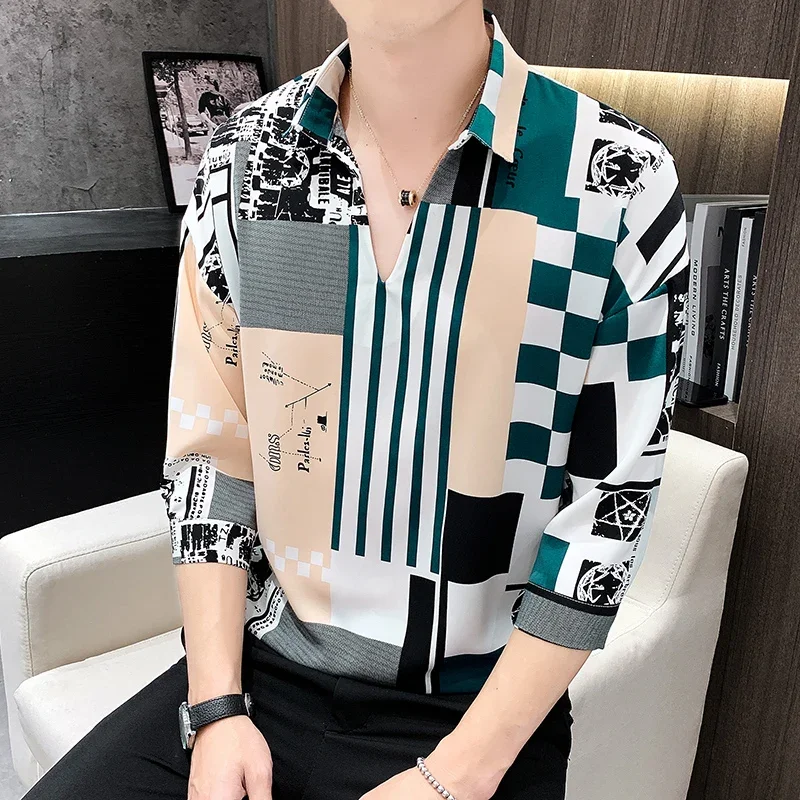 England Style Fashion V-neck Loose Print Shirt Men Men\'s Casual Luxury Summer Three Quarter Sleeve Social Shirt Designer Clothes