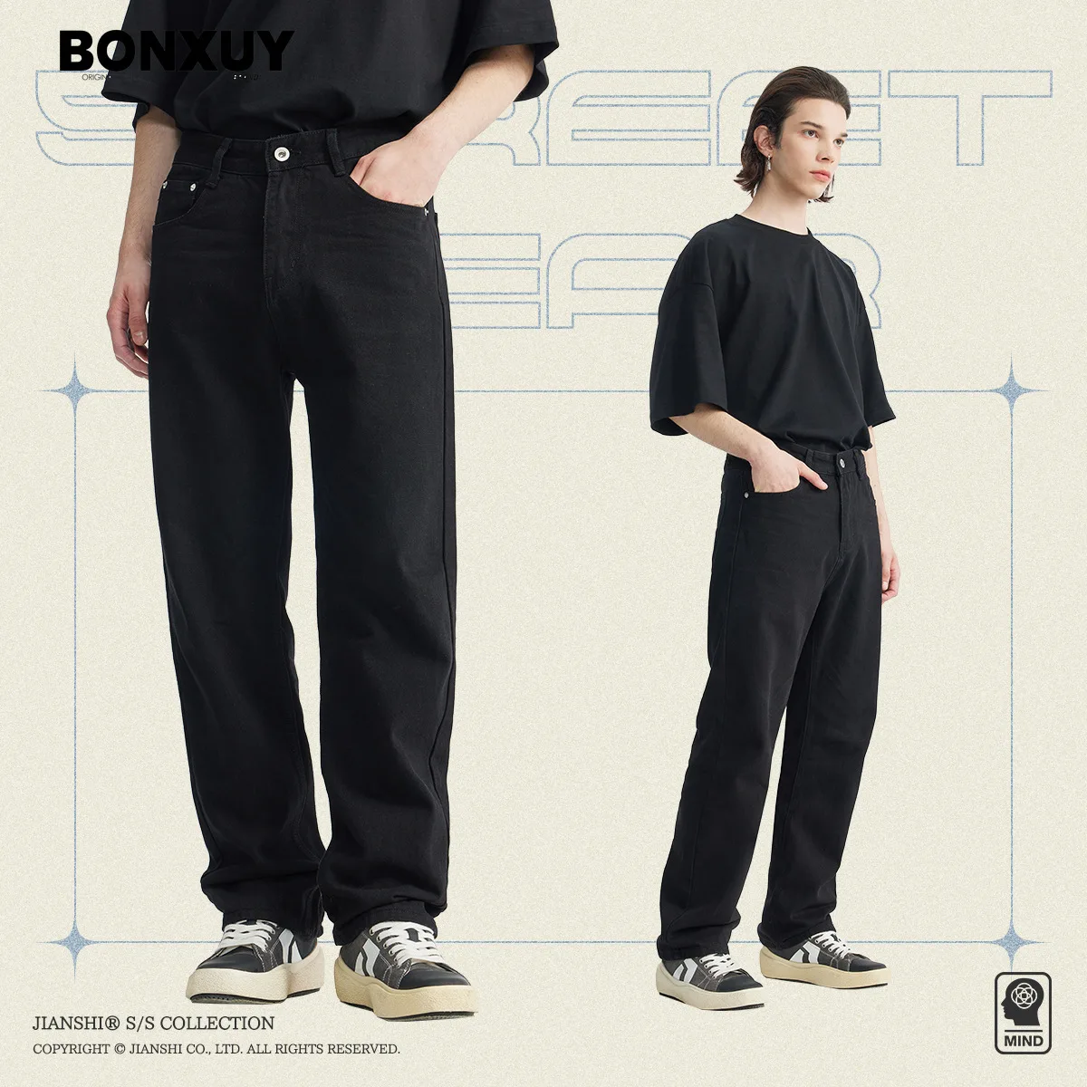 BONXUY Vintage Black zippered bootcut jeans for men, American slim fit small straight pants, trendy high street retro trousers