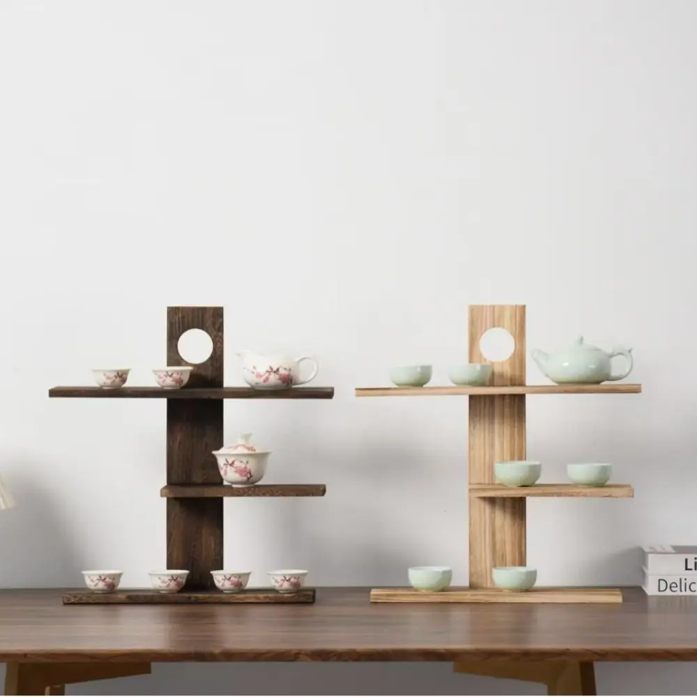3-4 Layers Chinese Style Storage Holders Retro Design Tea Set Wooden Tea Set Rack Solid Wood Multi-Layer Antique Stand