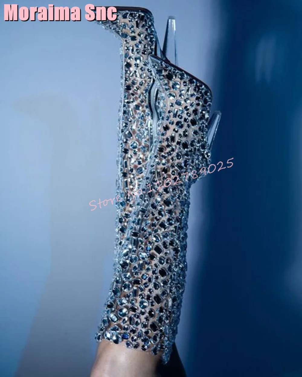 Pointed Toe Full Crystal Bling Knee High Boots Clear Strange Heel Side Zipper Women Long Boots Fashion Unique Autumn Winter 2023