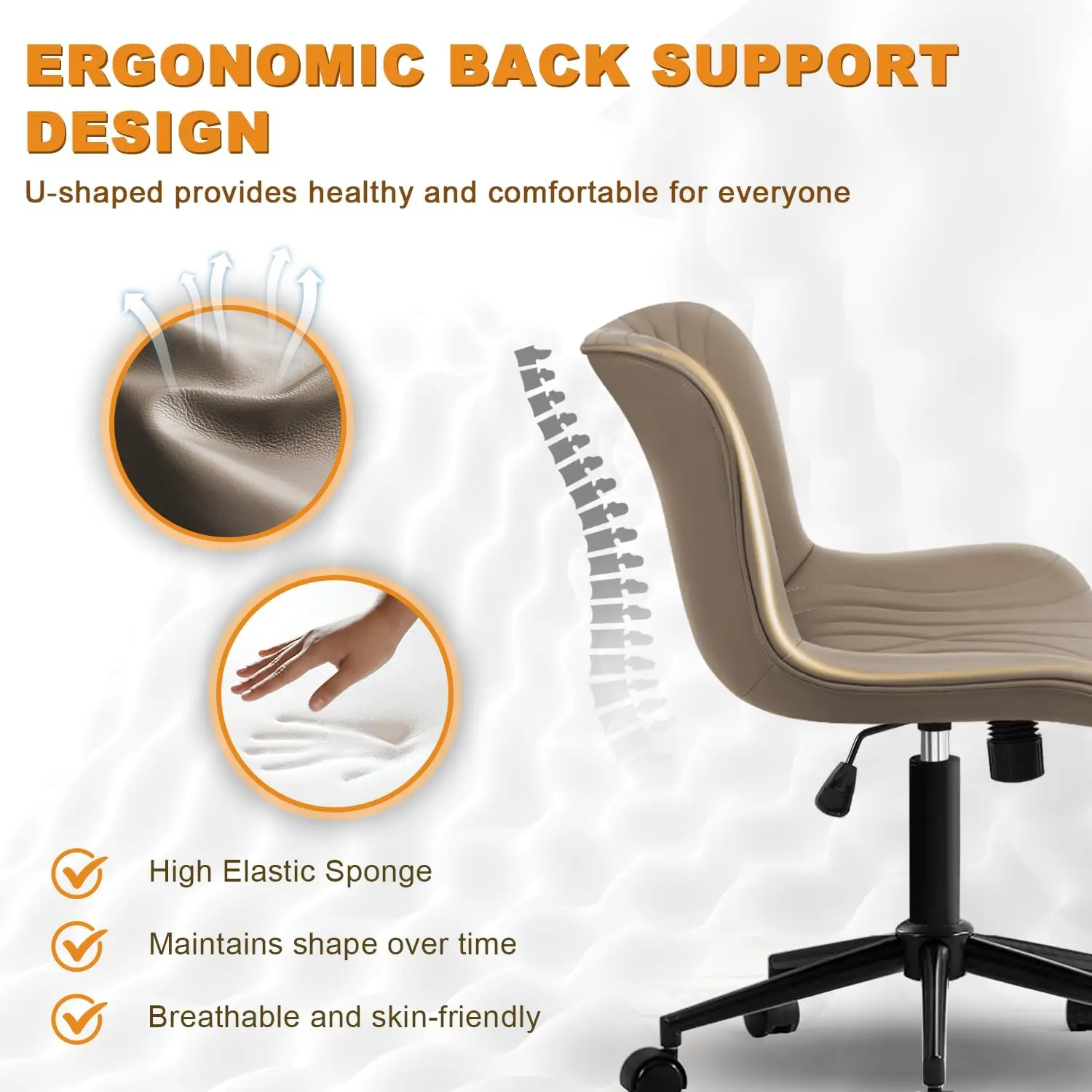 كرسي مكتب، كرسي مهام دوار مريح قابل للتعديل مع عجلات، مبطن بالجلد الصناعي، كاكي #5