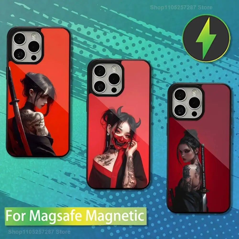 

Japanese Art Warrior Woman For iPhone 12,14,11,15,13,16,17,For Magsafe,Plus,Mini, Pro,Max,Magnetic Wireless Charging Case