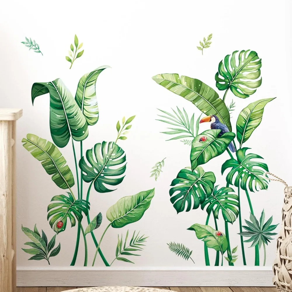 Pegatinas de pared de hojas de palma tropicales, calcomanías de pared de hojas de Monstera grandes, plantas verdes, pájaros, decoración artística para pelar y pegar para sala de estar
