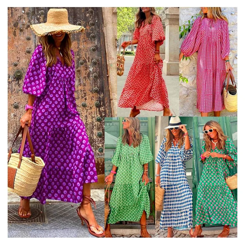 

Summer Puff Sleeve Long Dress Women Elegant Printed V-Neck Maxi Dresses Boho Drawstring Loose Holiday Beach Dress Vestidos Bobe