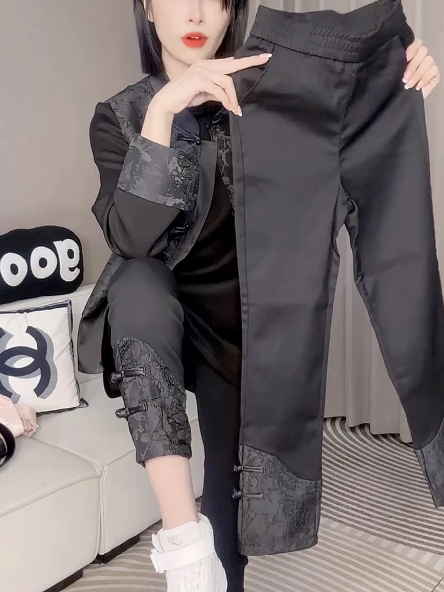 

Брюки с высокой талией, эластичные, облегающие, повседневные, черные, весенние, новые, с вставками, укороченные, прямого кроя, больших размеров