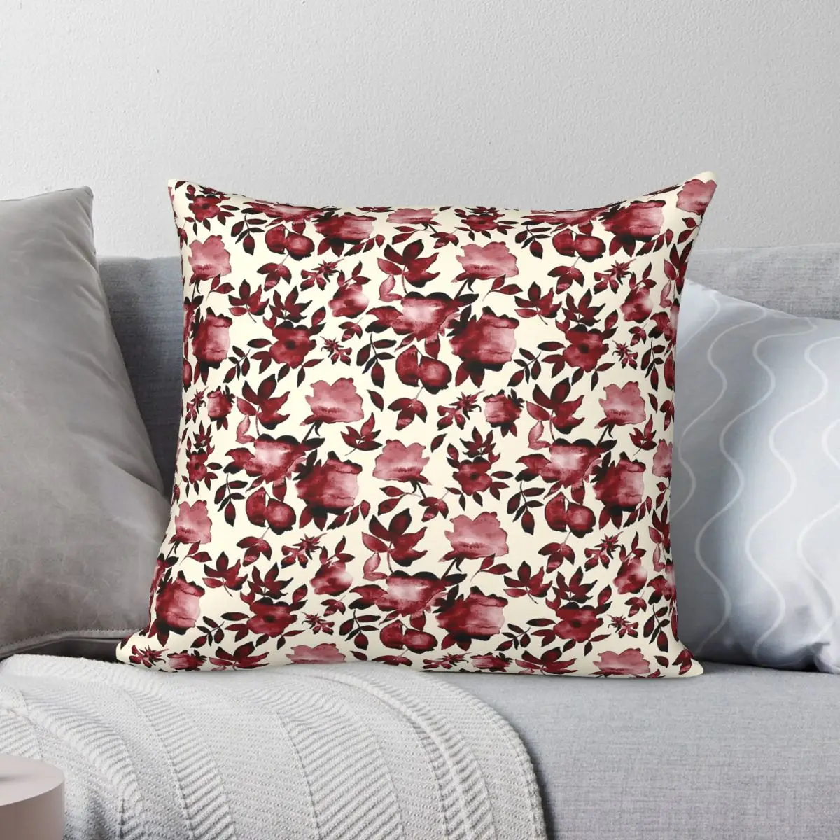 Lucy Maroon On Cream Square Pillowcase Polyester Linen Velvet Pattern Zip Decorative Throw Pillow Case Home Cushion Cover