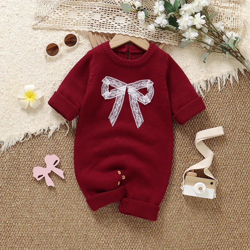 

0-18m Baby Girls Rompers Fashion Red Bowknot Knitted Newborn Infant Long Sleeves Jumpsuits One Piece Toddler Fall Winter Costume