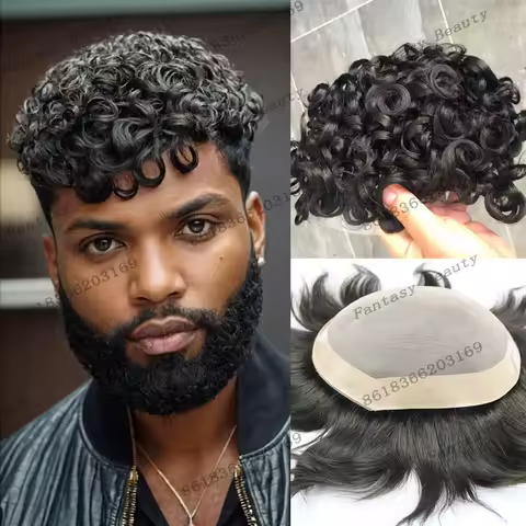 Afro Black Man Super Durable Mono Mesh Base Toupee 100% Brazilian Jet Black 18mm Curly Human Hair System Prosthesis Capillary