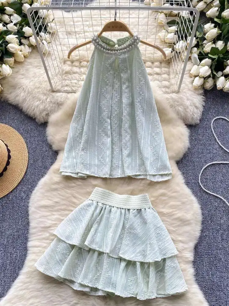 Women Korean Two Piece Sets Summer Nail Bead Round Neck Hanging Neck Sleeveless Top+high Waisted A-line Skirt Sweet Outfits