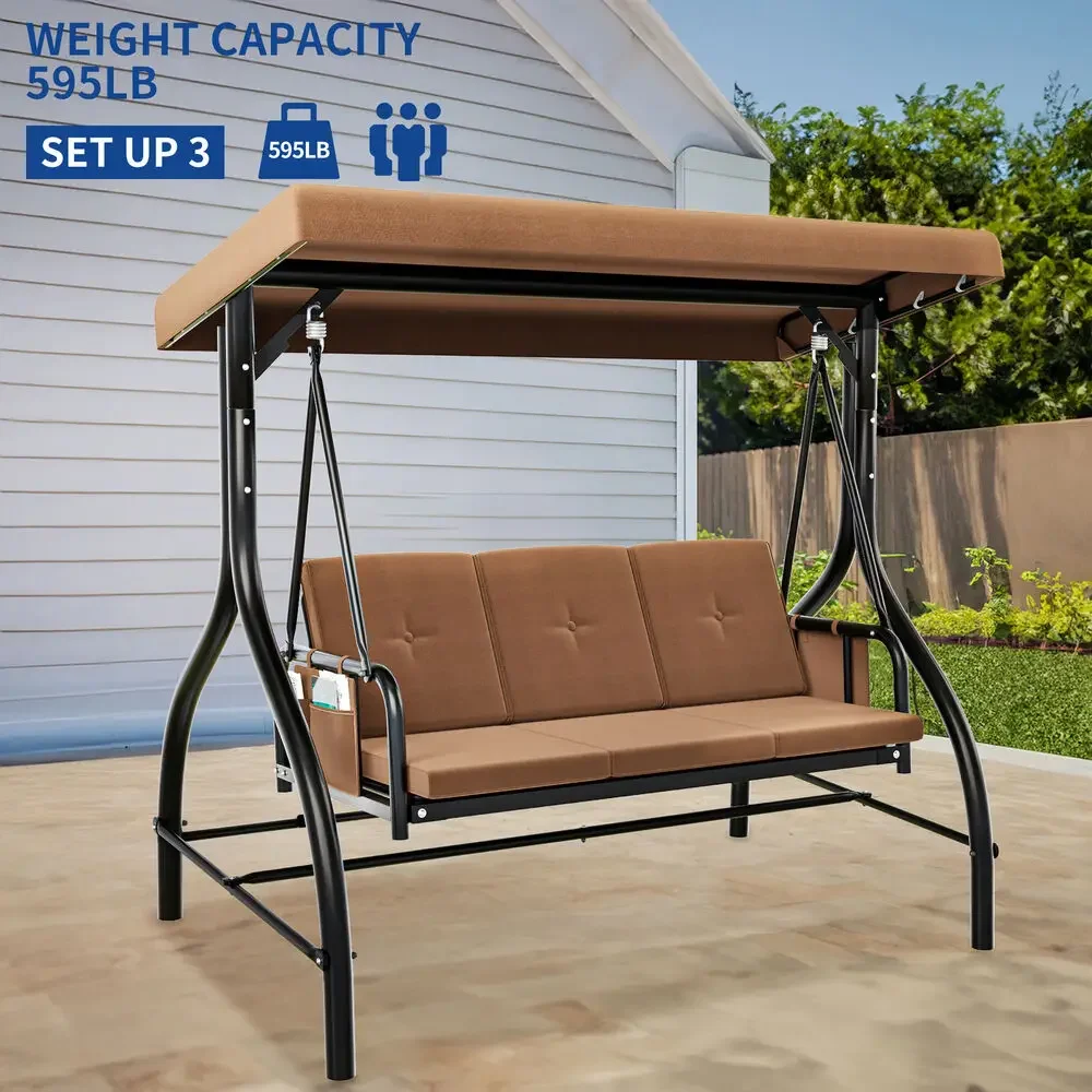 Outdoor 3-Person Patio Swing Chair Porch Swing with Adjustable Canopy Cushion Balcony Furniture