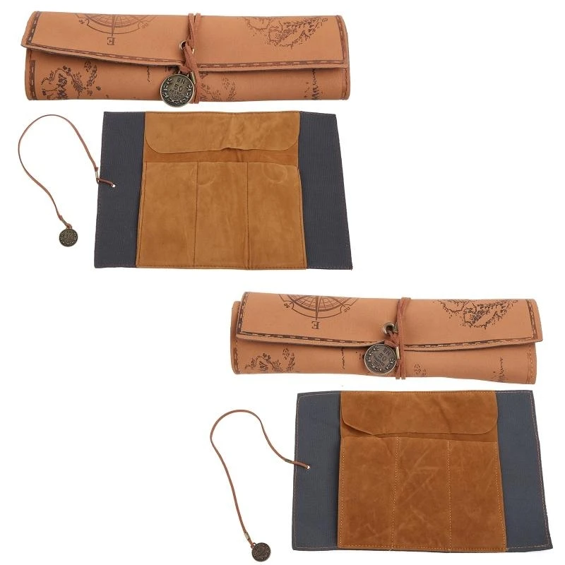 Creative Roll Up Leather Pencil Pirate Treasure Map Pattern Pen for Case Makeup Brushes Holder for School Work