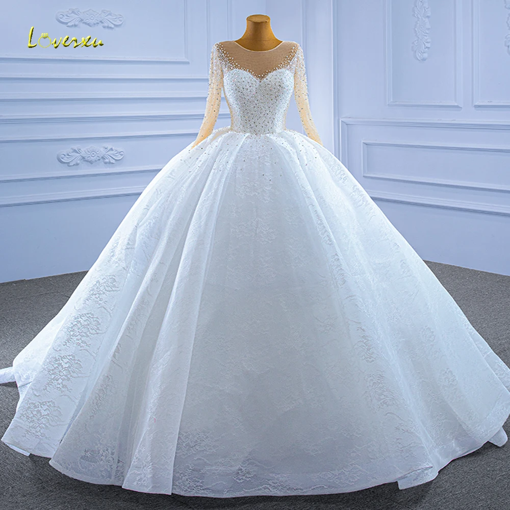 Loverxu Ball Gown Luxury Wedding Dresses O-Neck Long Sleeve Shiny Bride Dress Lace Beaded Sequined Custom Made Bridal Gown