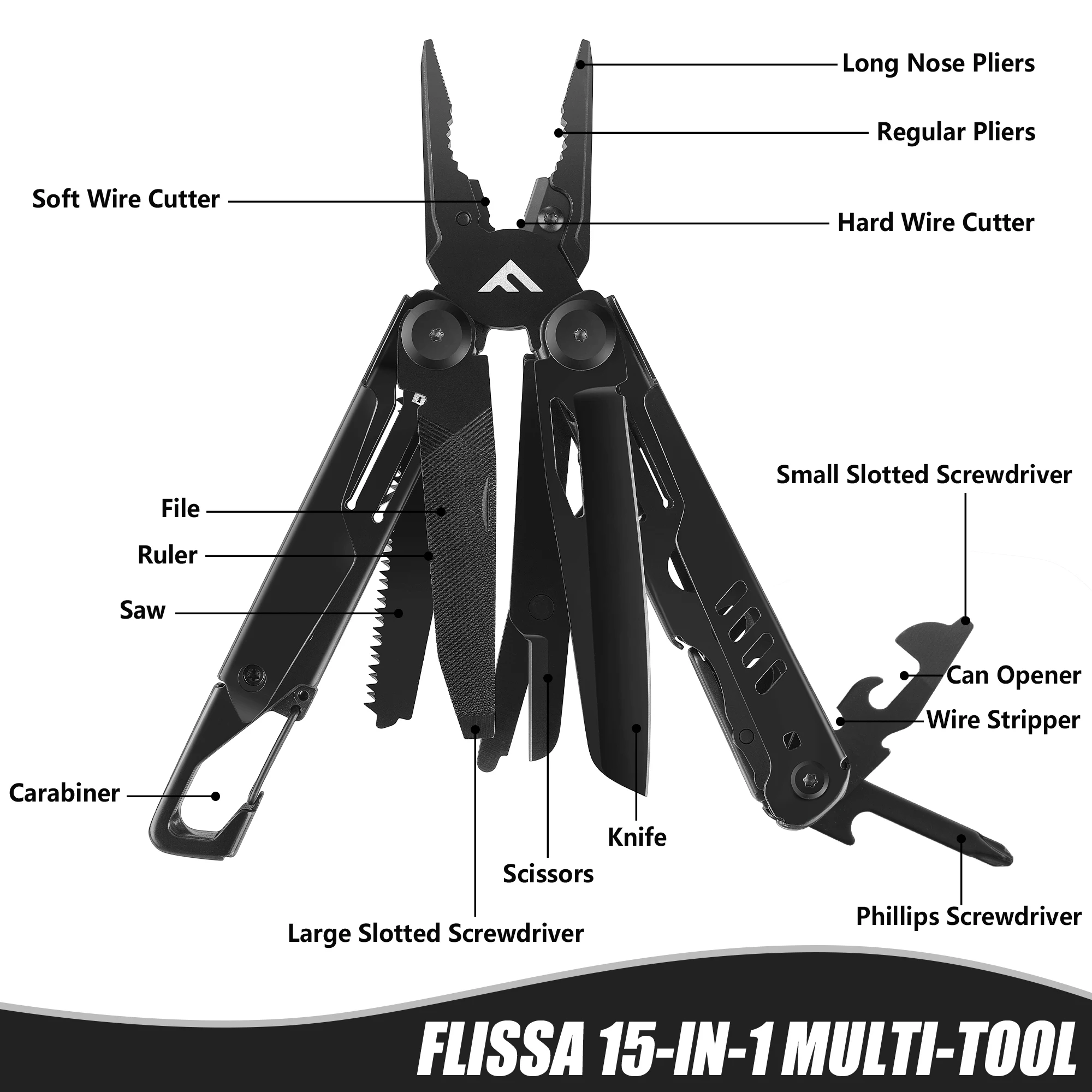 FLISSA 15-in-1 Multi-tool Pliers with Sheath Folding Plier Wire Stripper Outdoor Camping Survive Mini Portable Multitool Pocket