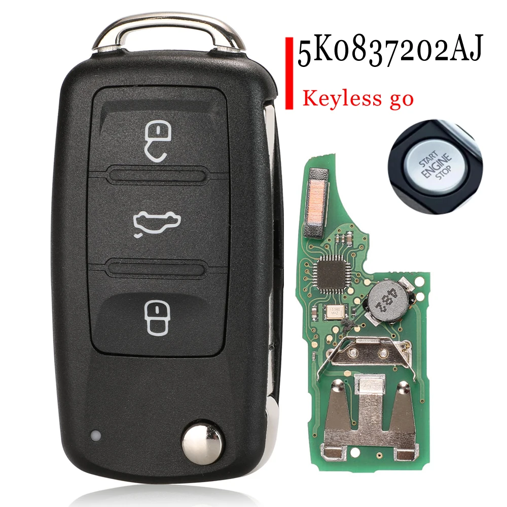Jingyuqin Keyless Go Funkschlüssel 434 MHz ID48 für VW Caddy Eos Golf Jetta Beetle Polo Tiguan Touran 5K0837202AD /202Q 5K0837202AJ