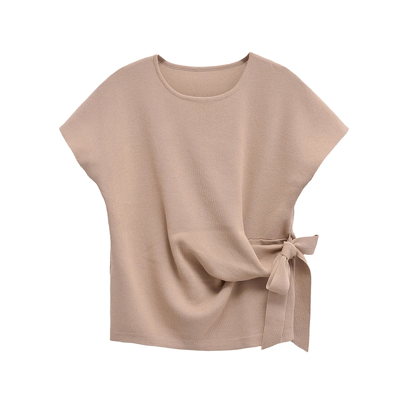 

YENKYE New Women Round Neck Short Sleeve Soft Knotted T Shirt Solid Casual Summer Tops