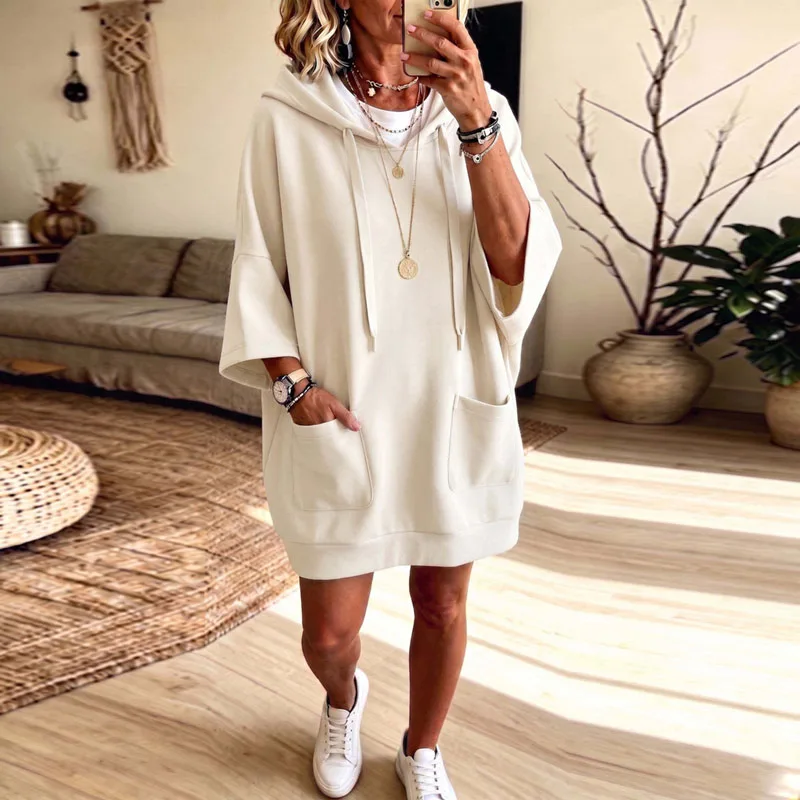Women Solid Drawstring Hoodie Dress 3/4 Sleeve Tunic Pocket Loose Sweatshirt Short Dress Casual Fall Streetwear Daily Mini Dress
