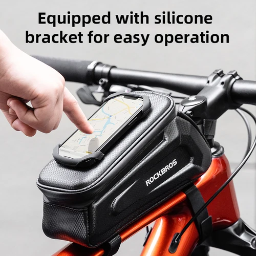 Imagen 2 del producto ROCKBROS Bolsa para bicicleta Bolsa para manillar delantero Carcasa dura 360 °   Soporte para teléfono celular con pantalla táctil, bolsa de ciclismo con marco frontal impermeable
