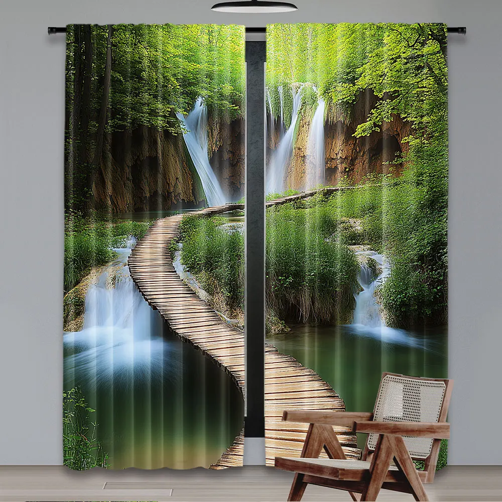 2Pcs Natural Scenery Window Curtain Waterfall Landscape Scenery Modern Simplistic Drapes Suitable For Bedroom Bathroom Living