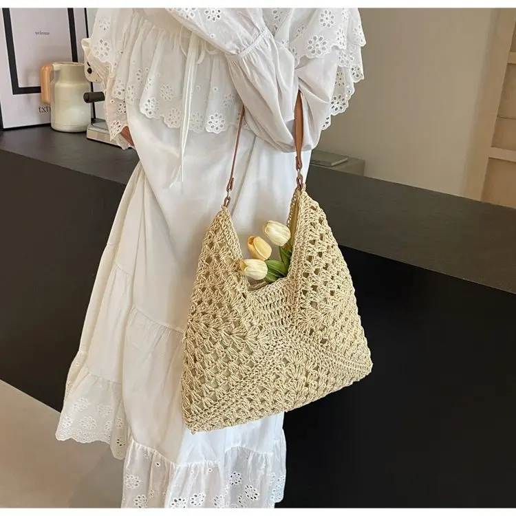 YOUDEYISI Handmade Crochet Cotton Thread Hollow Square Flower Tassel Literary Style Straw Weaving Shoulder Handbag Women\'s Bag