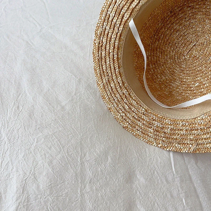 Summer Kids Straw Hat With Label Korea Style Wheat Straw Top Hat Boys Girls Sun Visor Hat Sunscreen Holiday Child Beach Hat