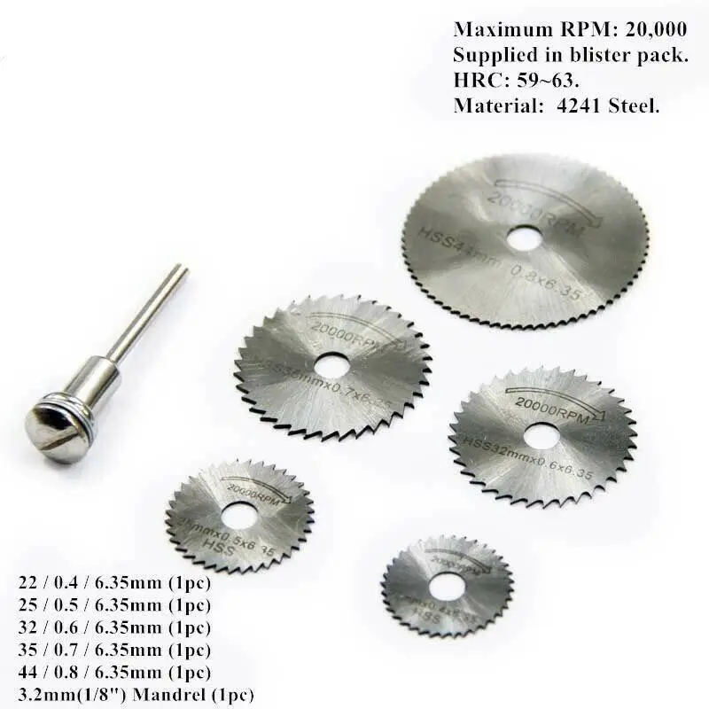 

6Pcs Stainless Steel Slice Metal Cutting Disc with 1 Mandrel for Dremel Rotary Tools 22/25/32/35/44mm Wood Cutting Disc