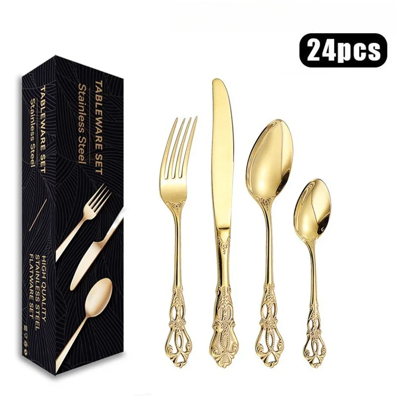 Luxury 24-Piece Hollow Carved Cutlery Set | Stainless Steel Gold Tableware
