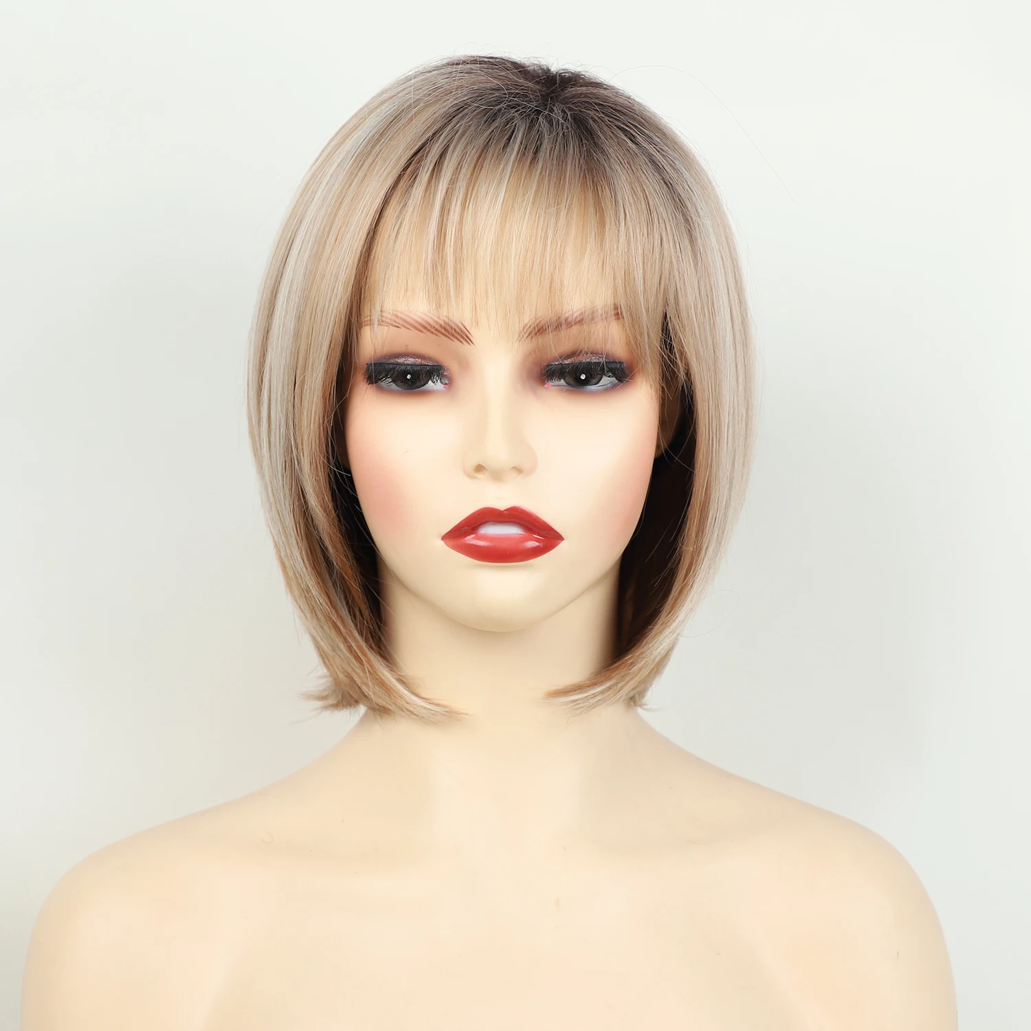 Soft Mommy Synthetic Wig with Bangs Short Blonde Bob Wigs for Women Black Roots Straight Ombre Bob Hair Daily Party