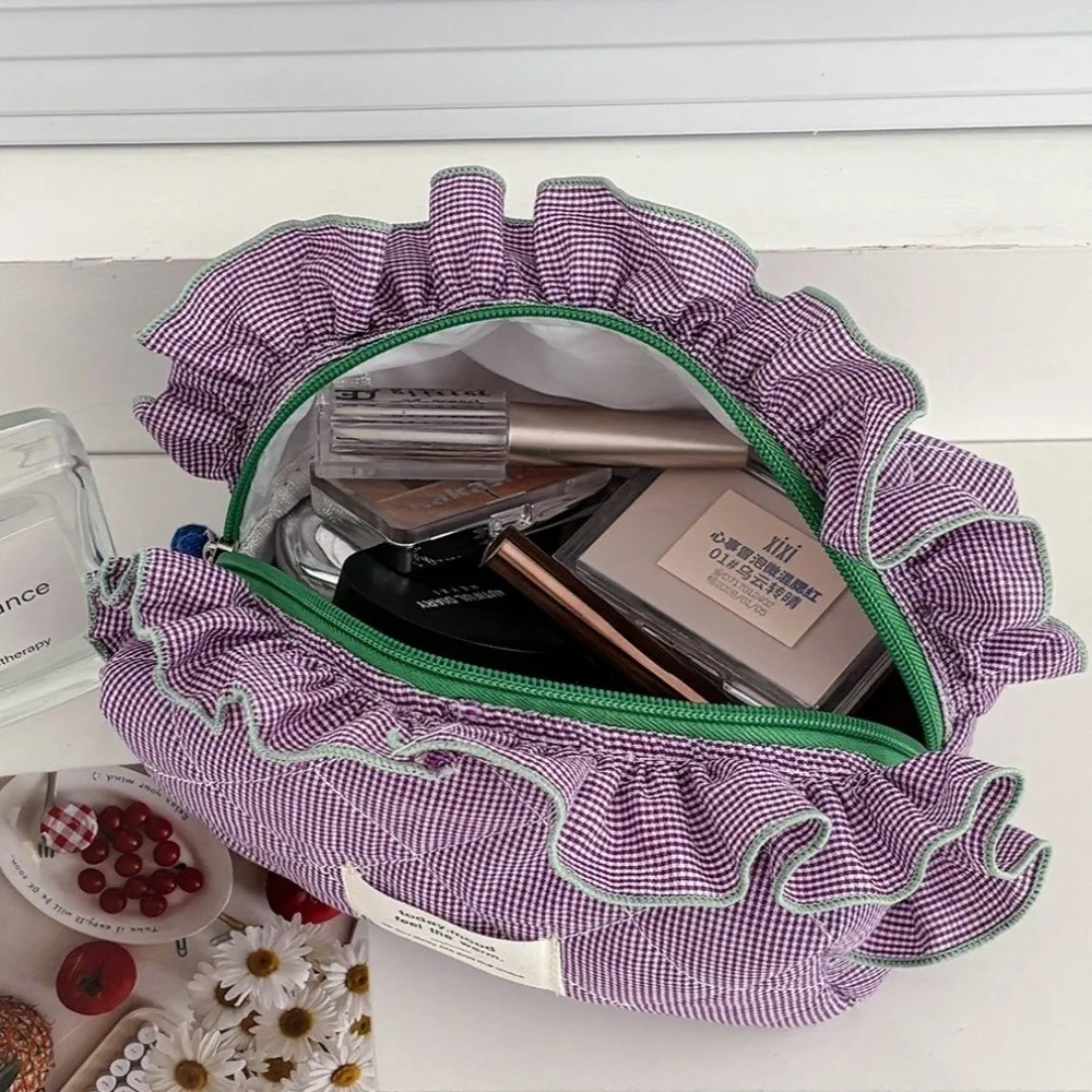 Cotton Ruffle Edge Makeup Bag Two-Tone Gingham Large Capacity Toiletry Storage Bag Portable Design Checkered