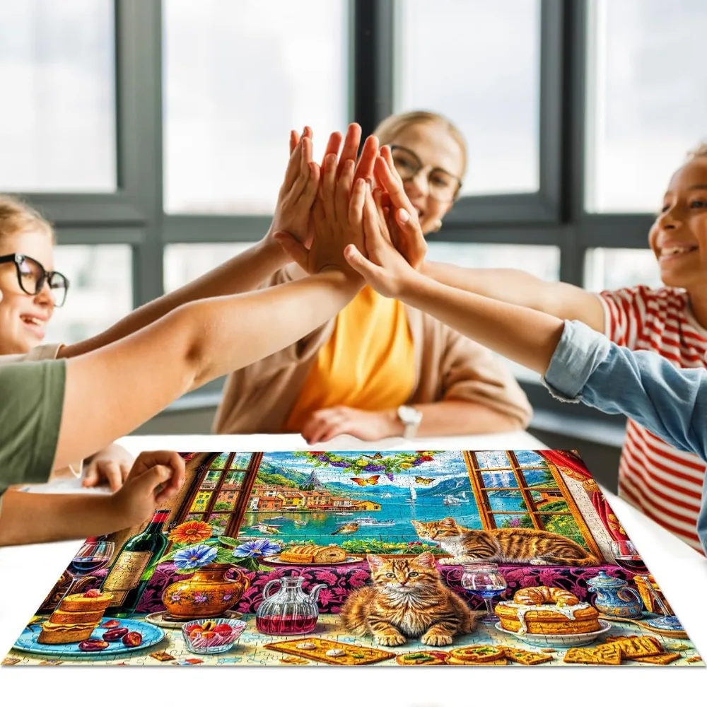 300/500/520/1000 Pieces Wooden Jigsaw Puzzle of Adult Cats Beautiful Window View Landscape Puzzles Games Family Fun Toy Gift