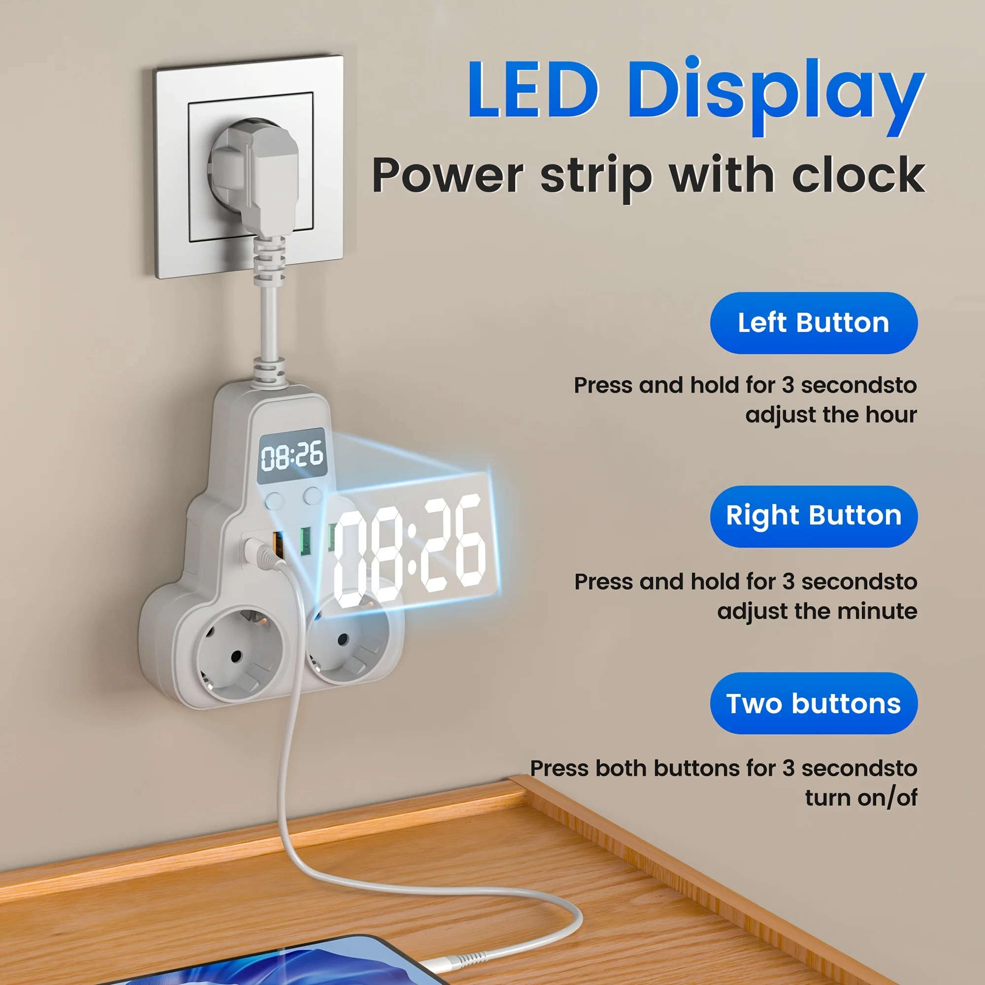 Placa de alimentación enchufable de la UE con 2 tomas de CA y 3 tomas de corriente domésticas USB tipo 1 C con múltiples teclas