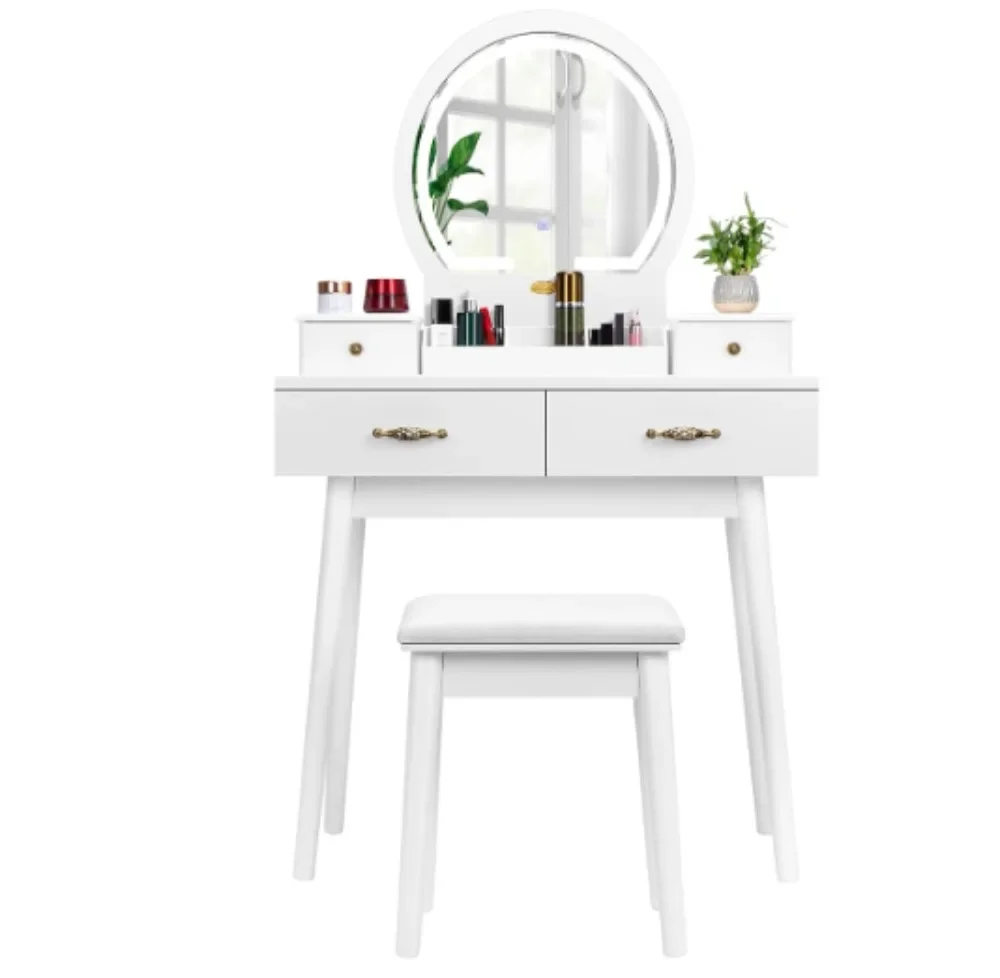 VIVOHOME Vanity Set with 3-Color Dimmable Lighted Mirror Makeup Dressing Table with Drawers Padded Stool 15.7