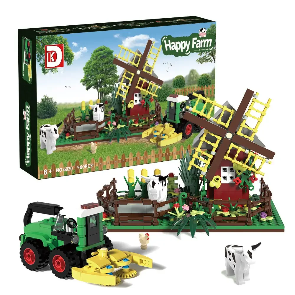 Happy Farm Bausteine-Set: Ländliche Windmühlen-Szene mit Traktor, Kuh und Huhn – DIY-Bausatz für Kinder & Erwachsene, ideales Geburtstags- und Feiertagsgeschenk, Heim- & Bürodekoration, Sammlerstück,