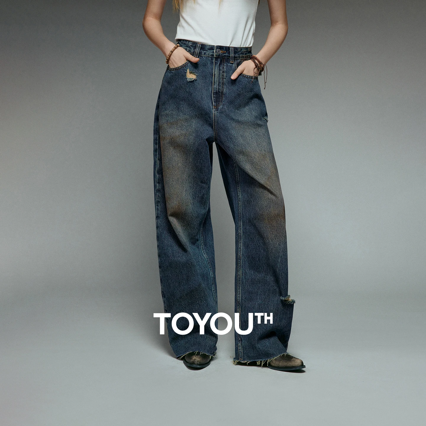 TOYOUTH Women Jeans 2025 Autumn NewAsymmetric Ripped Distressed Banana Pants