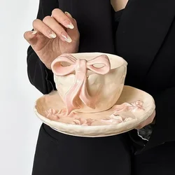 Three-dimensional Bow Shaped Relief Ceramic Bowl and Plate Gentle and Romantic Pink Dessert Breakfast Plate Gift and Photo Props