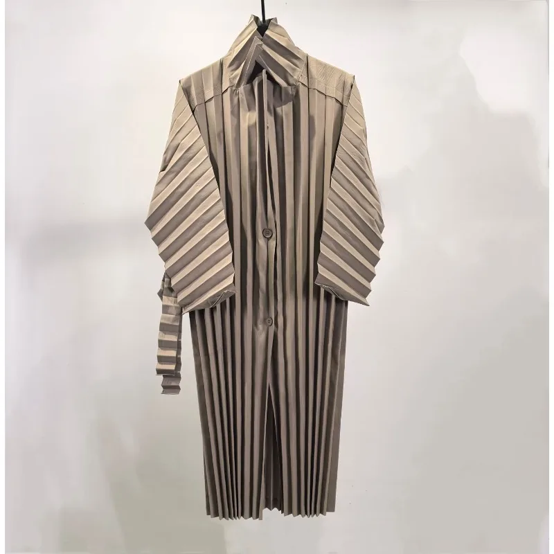 Miyake Pleated Men's Trench Plisse Coat Solid Color Oversized Casual Long Coat 2025 Fall New Fold Versatile Statement Top