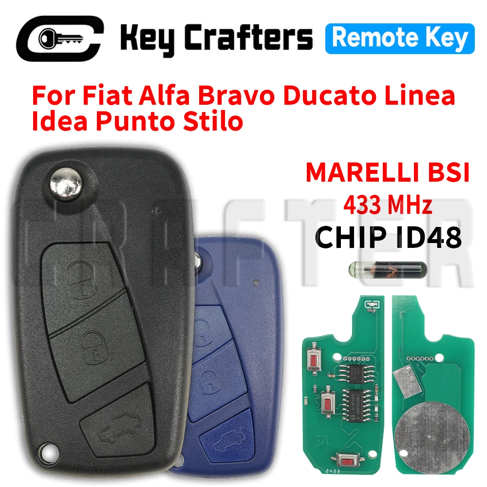 Craftes MARELLI BSI For Fiat Bravo Ducato Linea Idea Punto Stilo Flip Remote Car Key CHIP ID48 433MHz Blade SIP22 Blue/Black