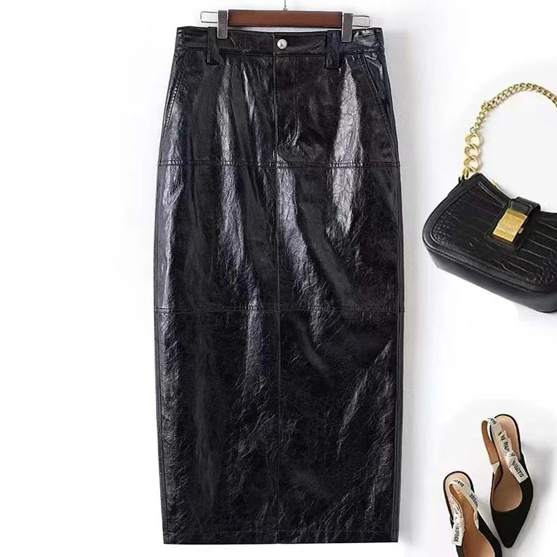 100% Genuine Leather Skirts for Women 2026 New Fashion Luxury A-level Oil Wax Cowhide Ladies High Waist Bodycon Black Long Skirt