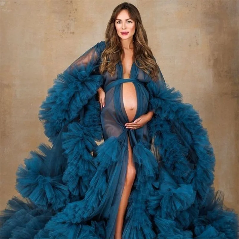 Royal Blue Bridal Maternity Dresses for Photo Shoot V Neck With Belt Full Sleeves Pregnant Robe Custom Made Women Prom Gown