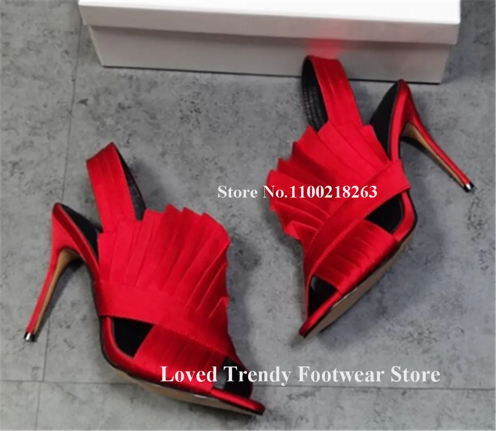 Women Elegant Pink Purple Gold Red Satin Ruffles Stiletto Heel Sandals Open Toe Fringes Straps Thin Heel Party Heels - view 4