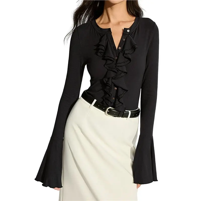 

CYL-Women's Solid Color Round Neck Flared Long Sleeve Ruffle Button Top