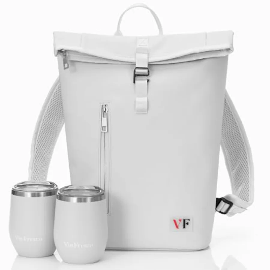 

Two Bottle Rolltop Wine Tote Bag Stylish PU Leather Backpack with Matching Tumblers Wine Carrier with Padded Straps and Compart
